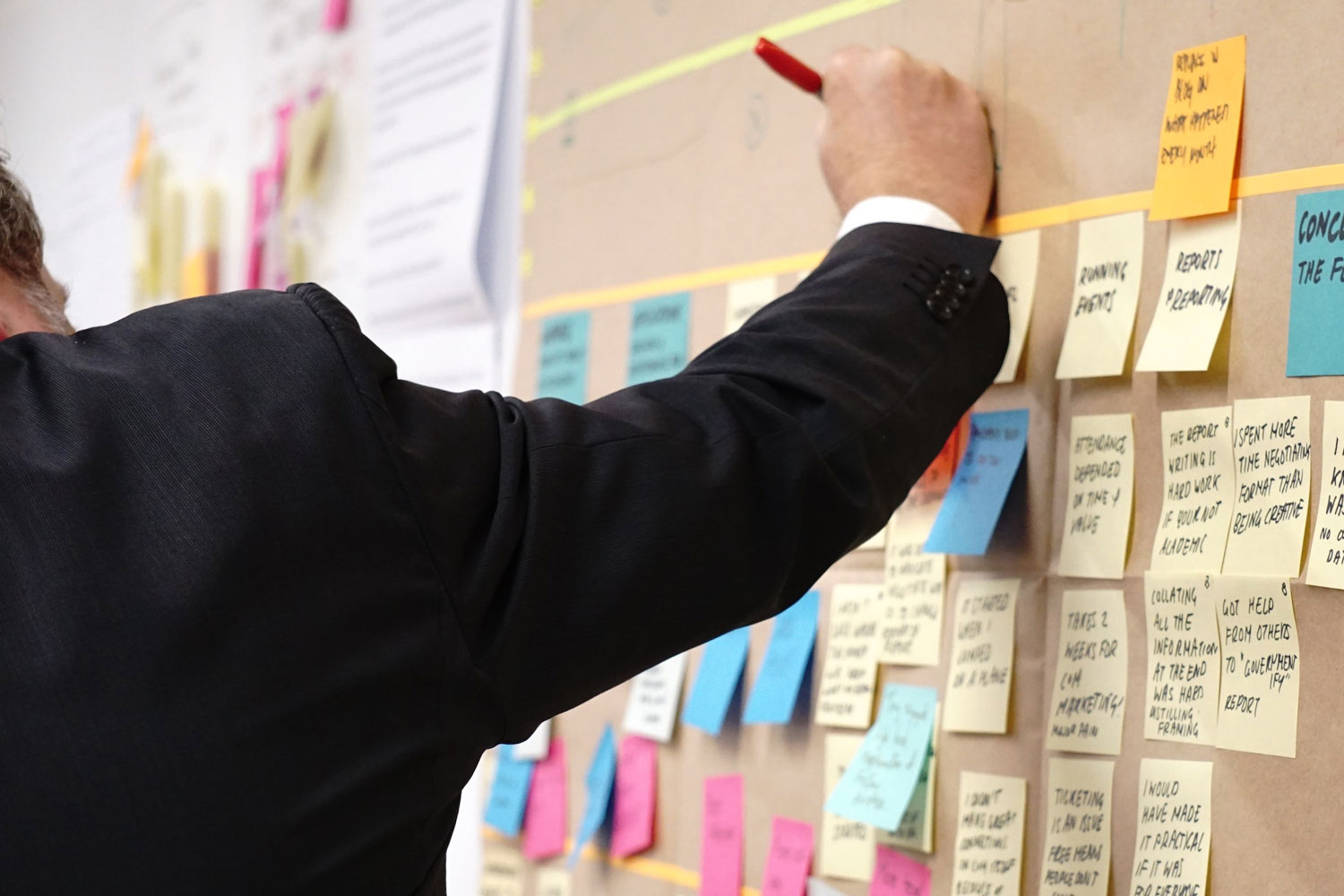 School leader writes on project board.